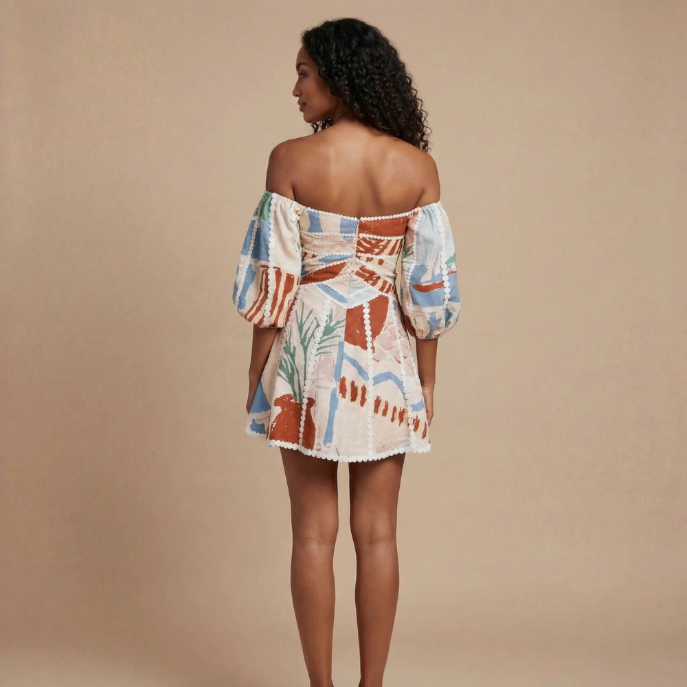 Women's Cocktail Off Shoulder Printed Puff Sleeve Mini Dress - product image 2