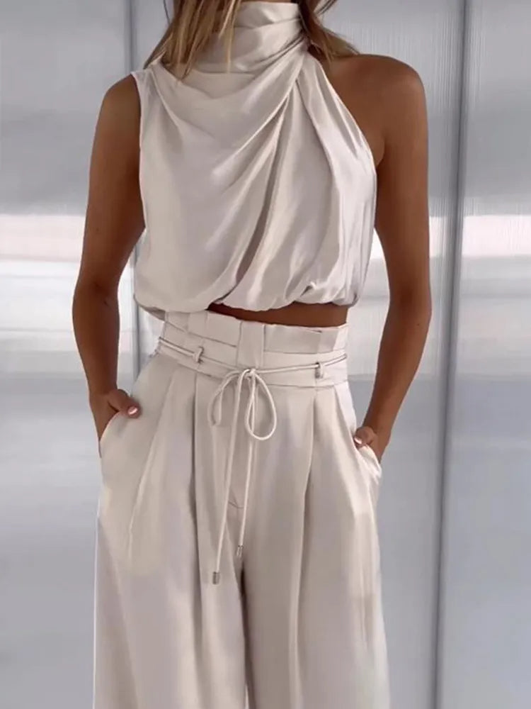 Women's Cocktail Sleeveless Halter Wide Leg Pants Set