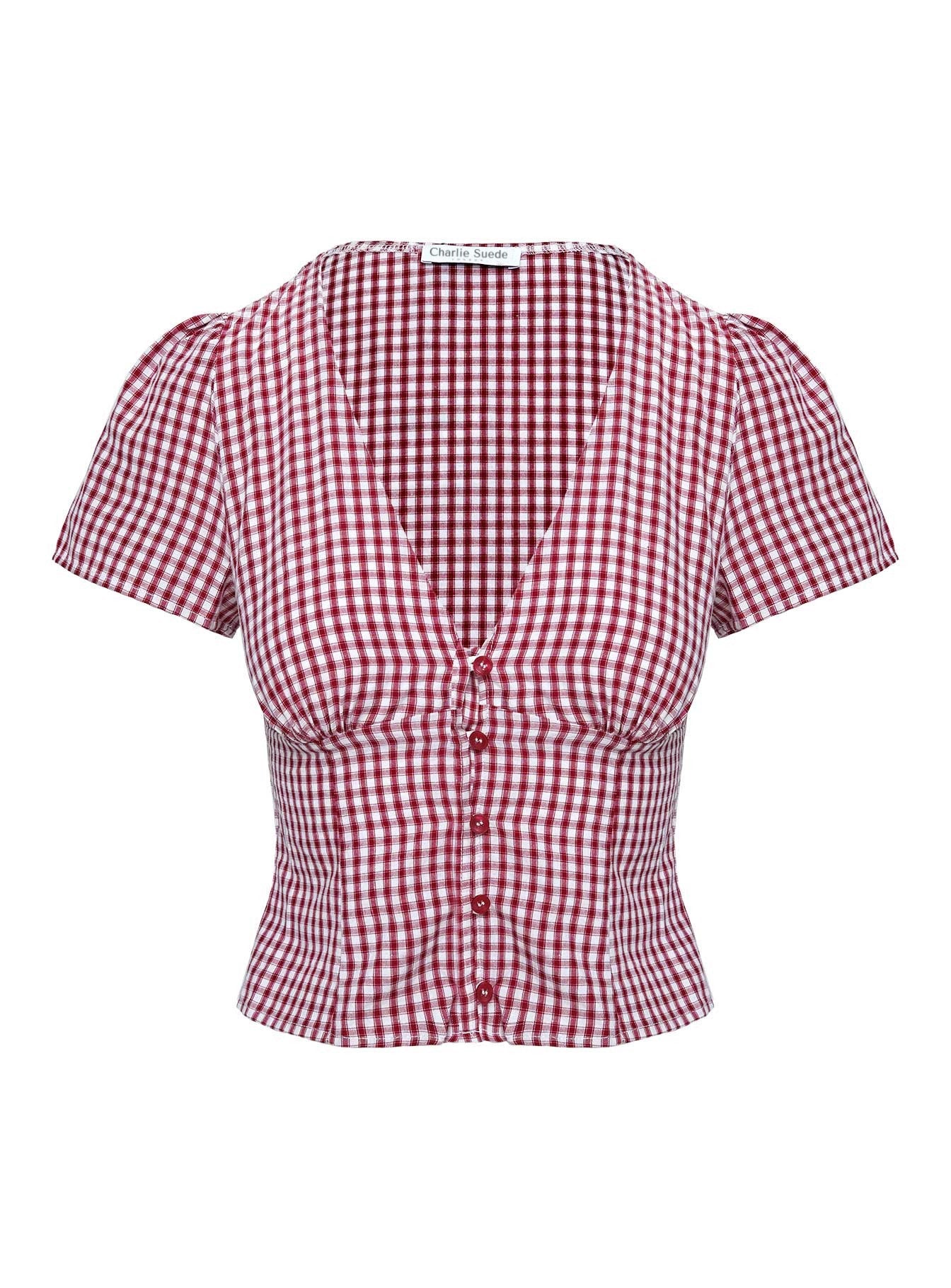 Women's Summer Gingham V Neck Short Sleeve Blouse