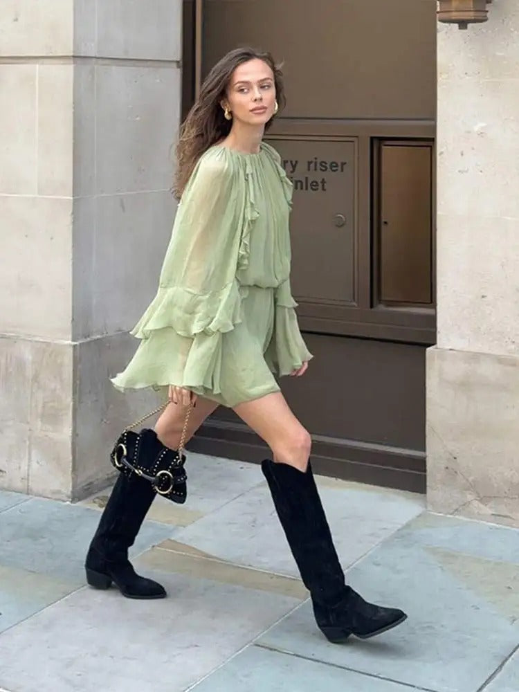 Women's Summer Long Sleeve Ruffle Mini Dress Round Neck
