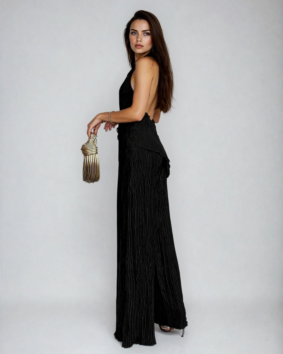Women's Cocktail Pleated Halter Neck Two Piece Pants Set