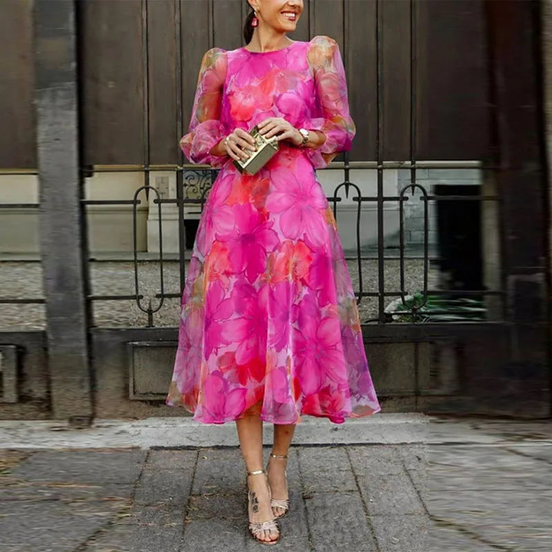 Women's Wedding Guest Floral Long Sleeve Midi Dress - Pink / L - Elegant Fashion