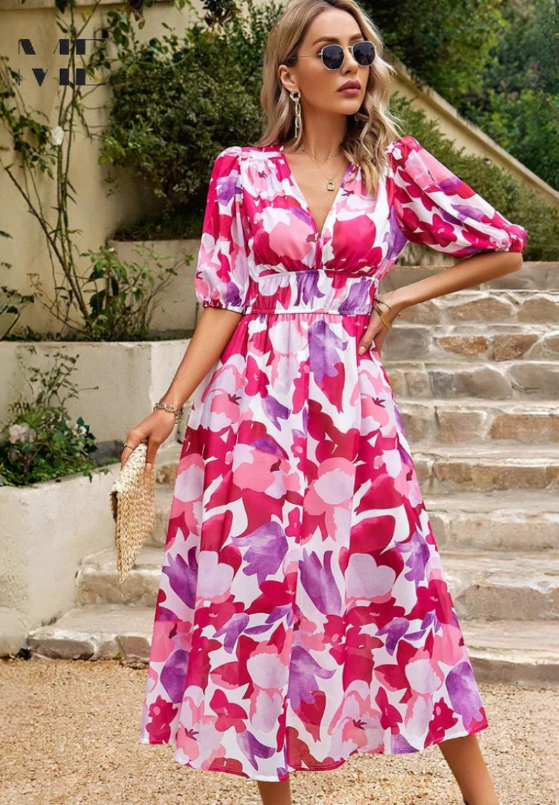 Women's Wedding Guest Floral V Neck Midi Dress