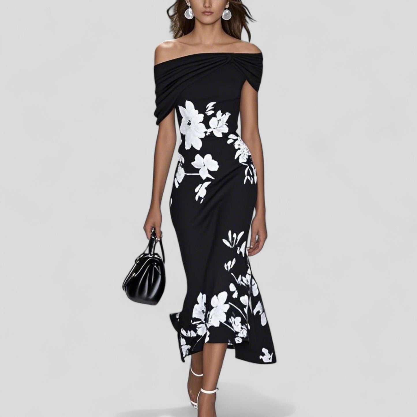 Women's Wedding Guest Floral Off Shoulder Midi Dress