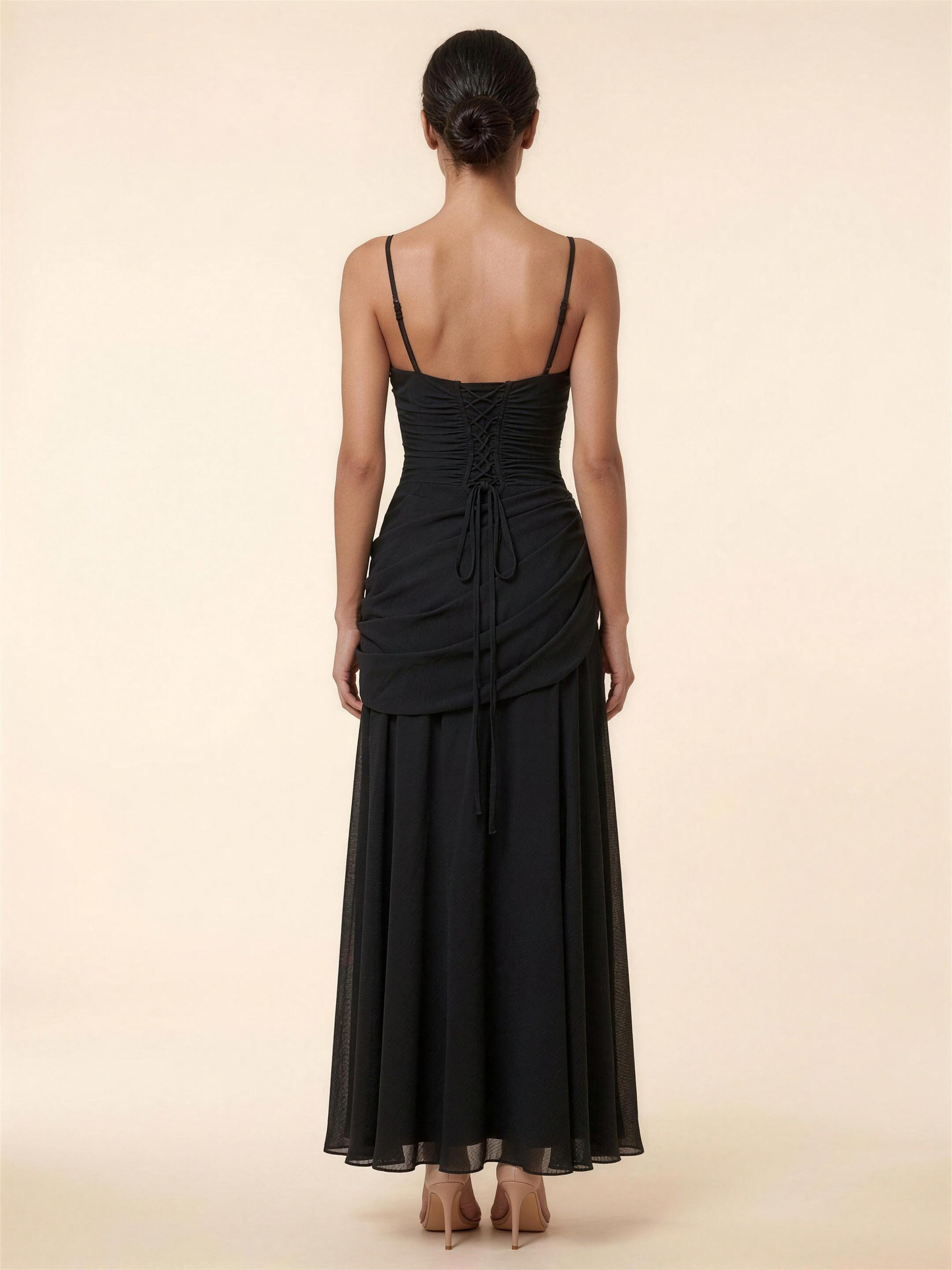 Corset Chiffon Bridesmaid Maxi Dress - Black