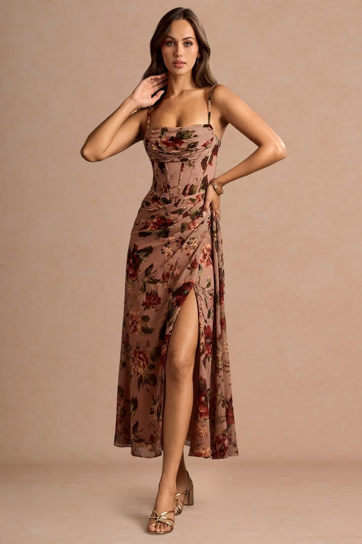 Mocha Floral Corset Midi Dress - Mocha