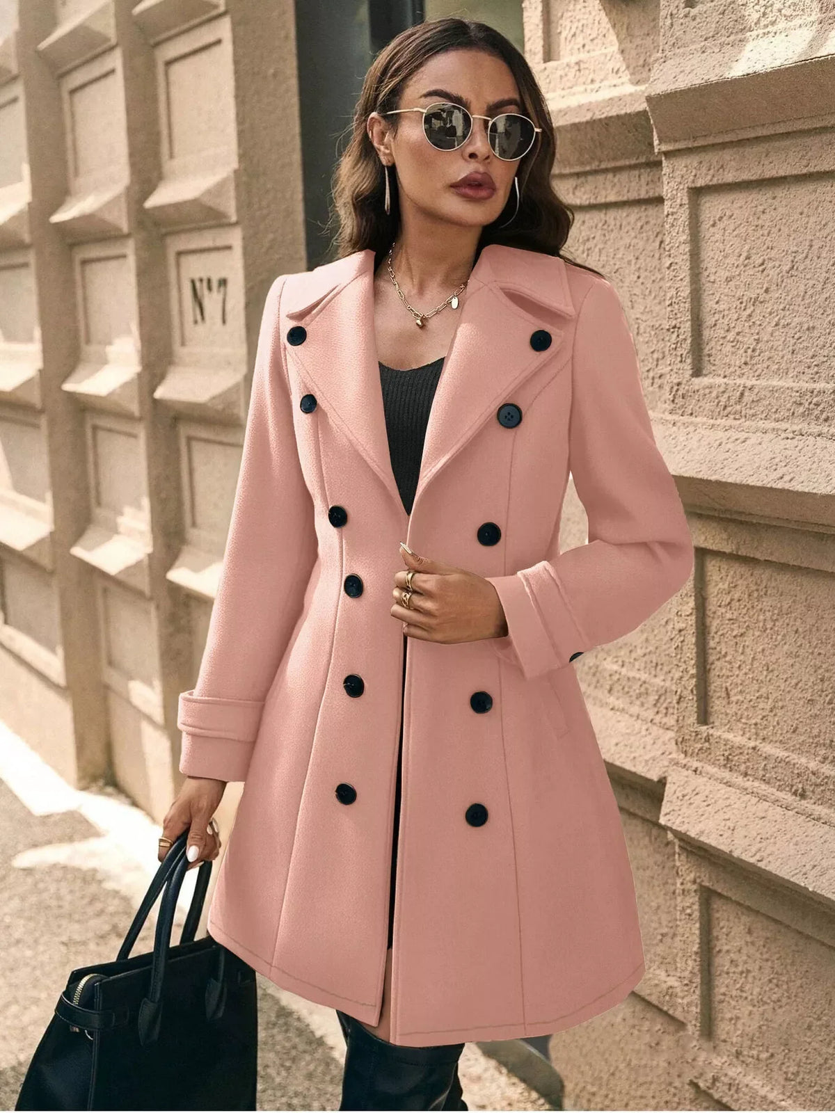 Women's Fit and Flare Double Breasted Mid Length Coat - View 12