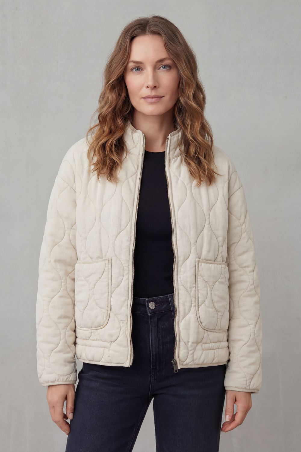 Women's High Neck Wave Quilted Zip Up Jacket - Cream - View 5