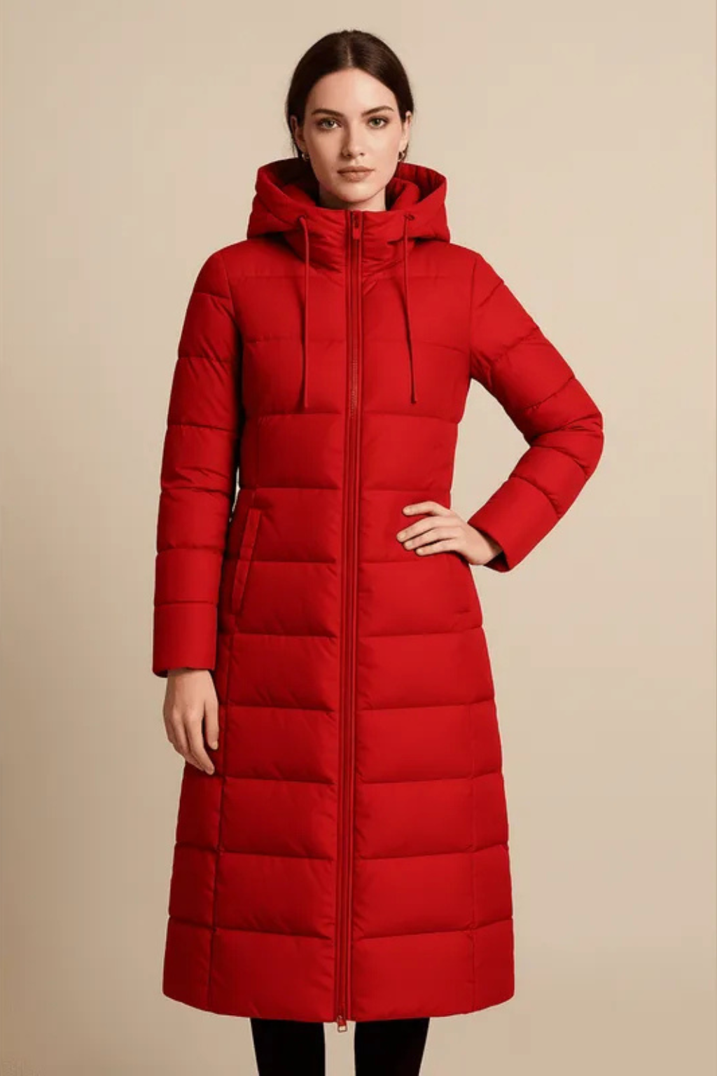 Women's Hooded Maxi Length Quilted Puffer Coat with Drawstring - Red - View 5
