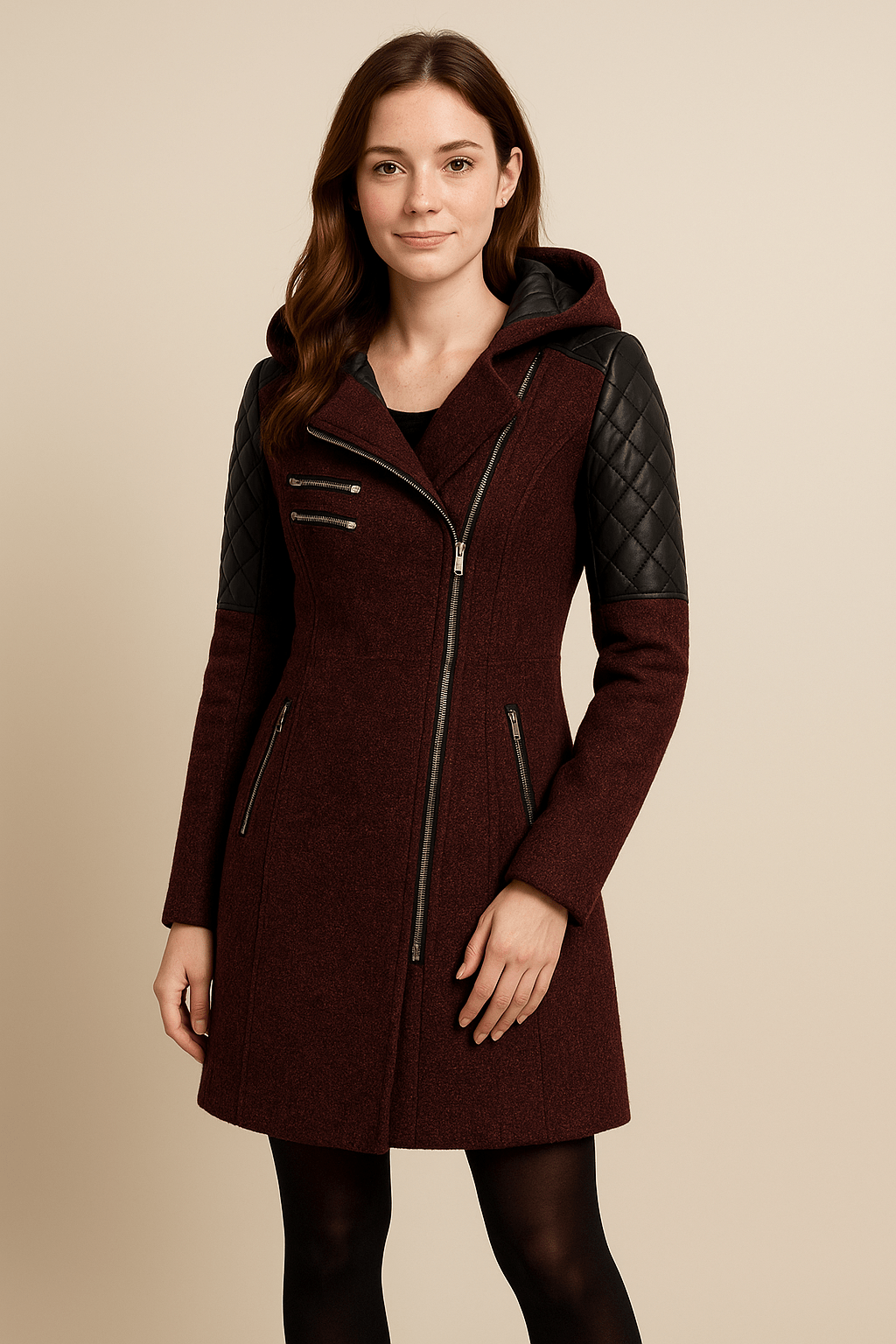 Women's Hooded Quilted Sleeve Longline Coat - Burgundy - View 4