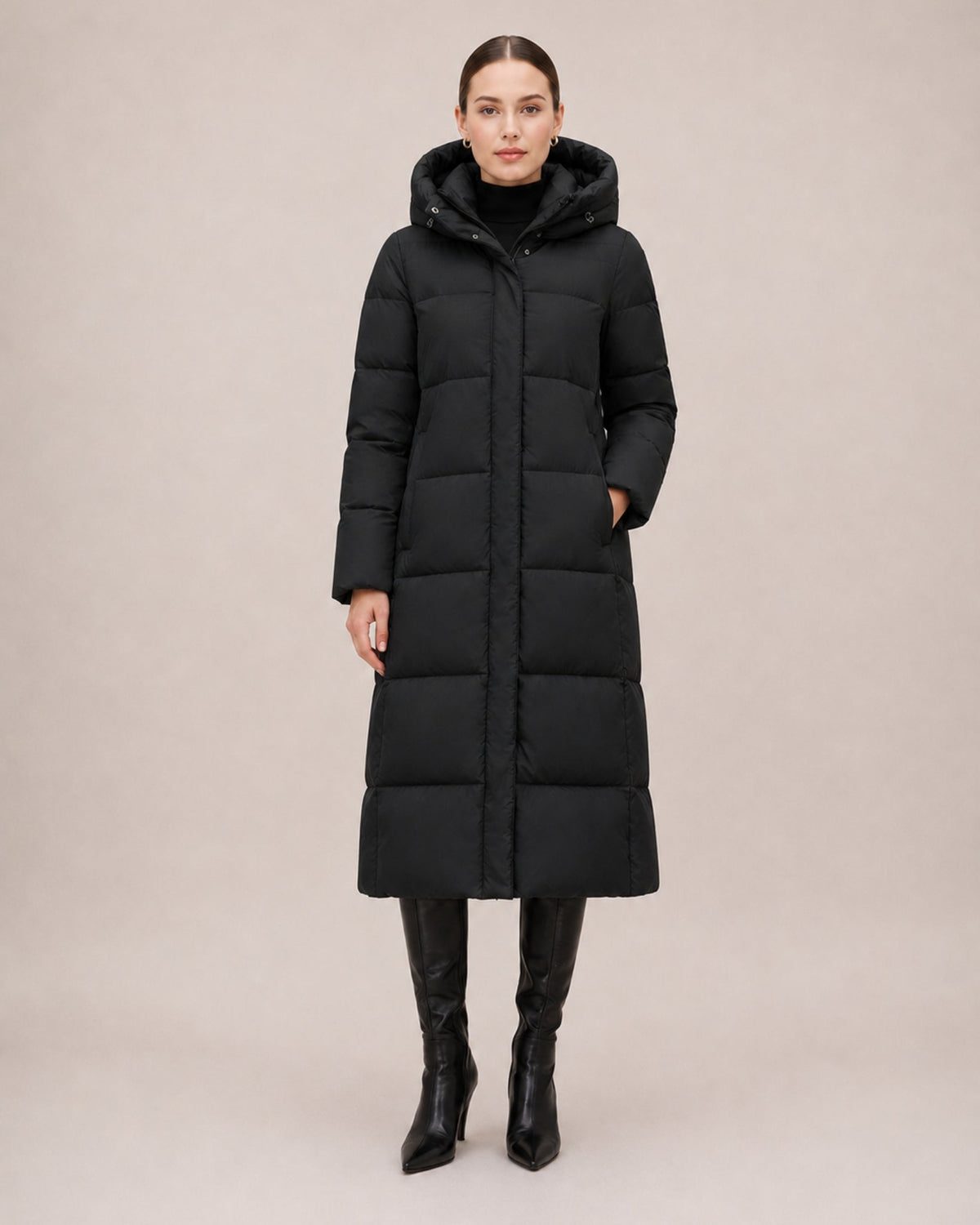 Women's Long Hooded Puffer Coat - Black - View 5