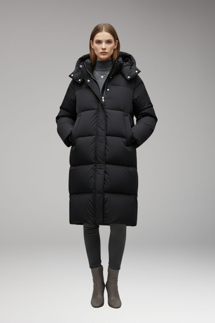 Women's Long Quilted Hooded Puffer Jacket - Black - View 7