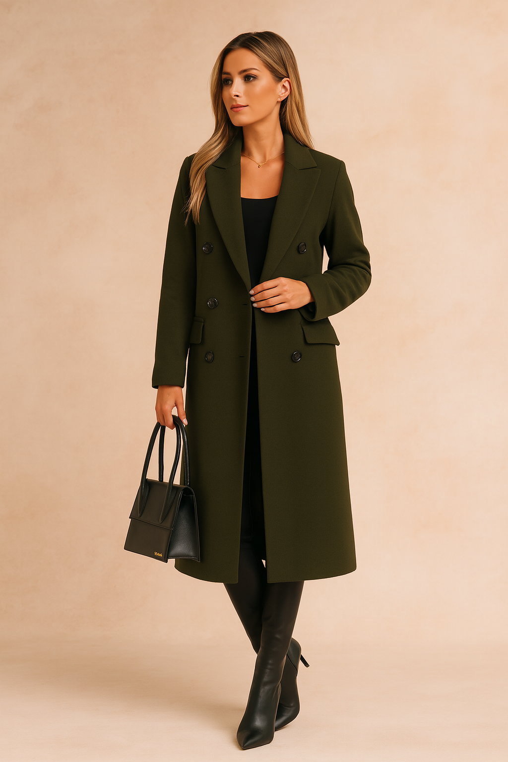 Women's Longline Straight Peak Lapel Double Breasted Coat - Green - View 6