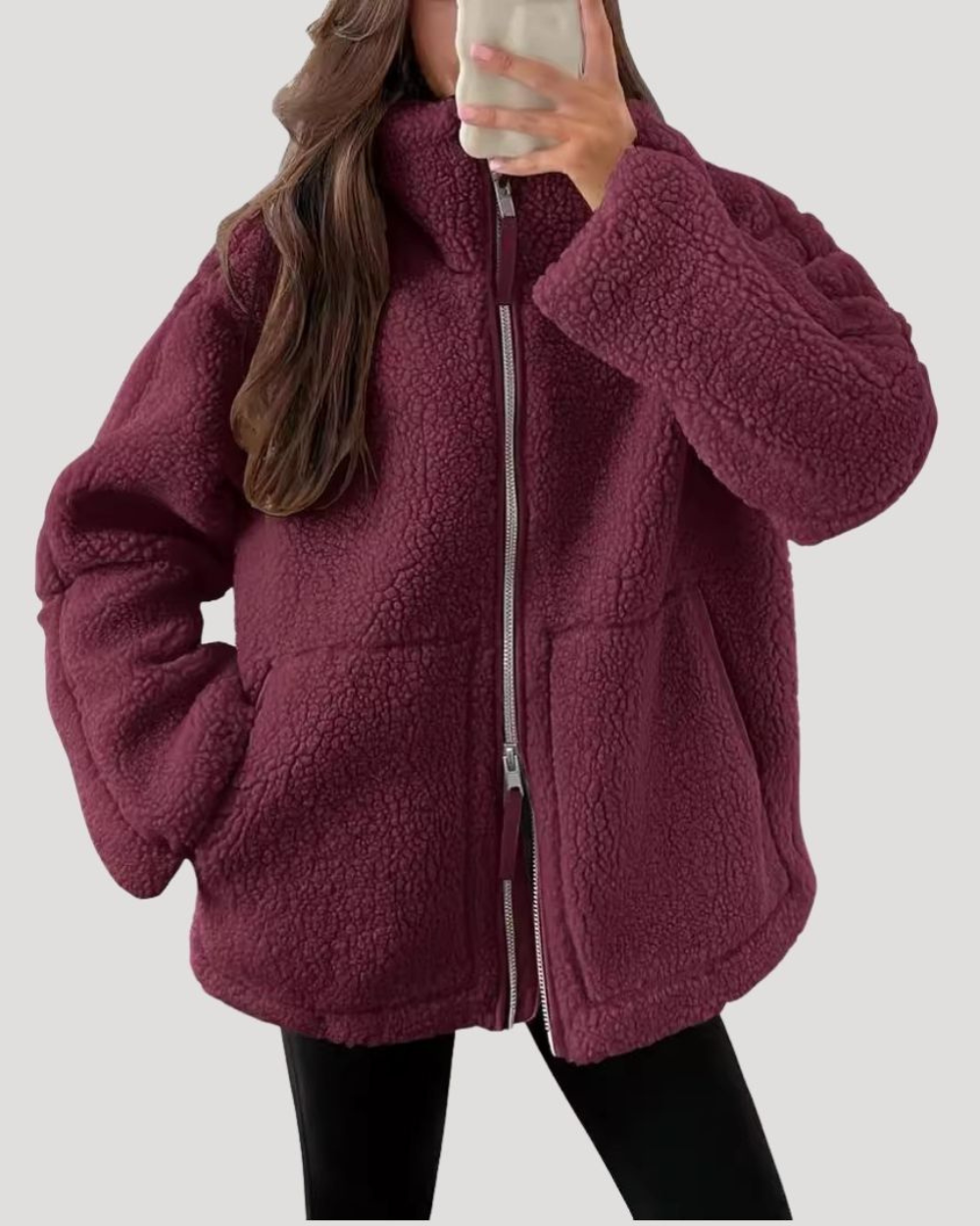 Women's Oversized Teddy-Texture Zip Up Jacket - Burgundy - View 9