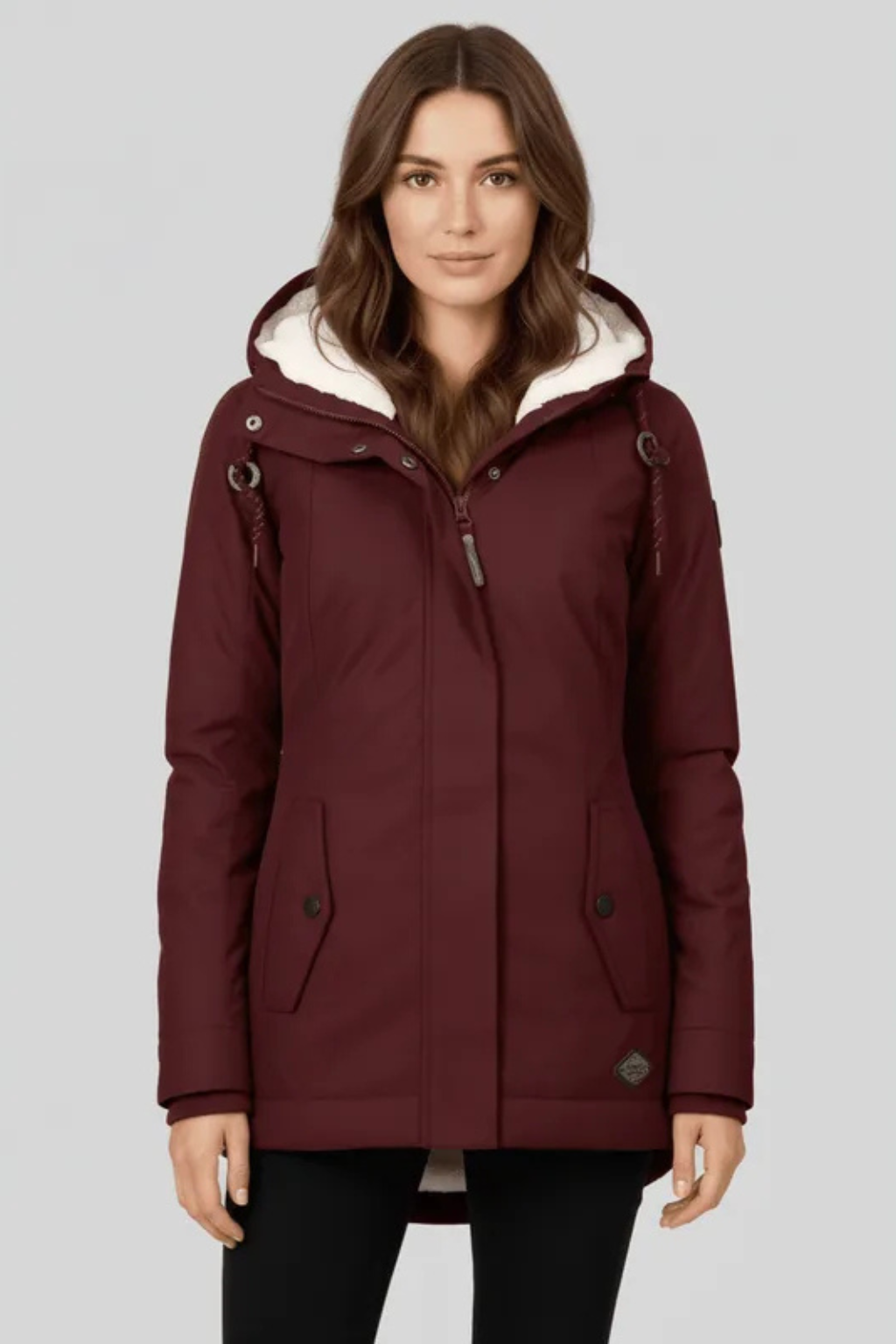 Women's Plush-Lined Hooded Parka Jacket - Burgundy - View 6