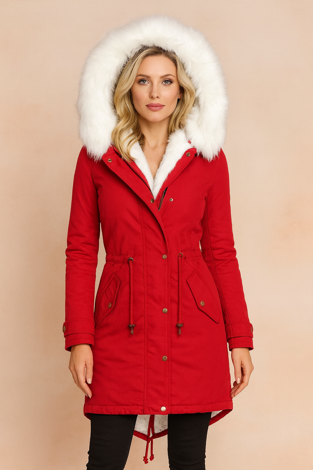 Women's Plush-Trim Hooded Longline Parka Coat - Red - View 5