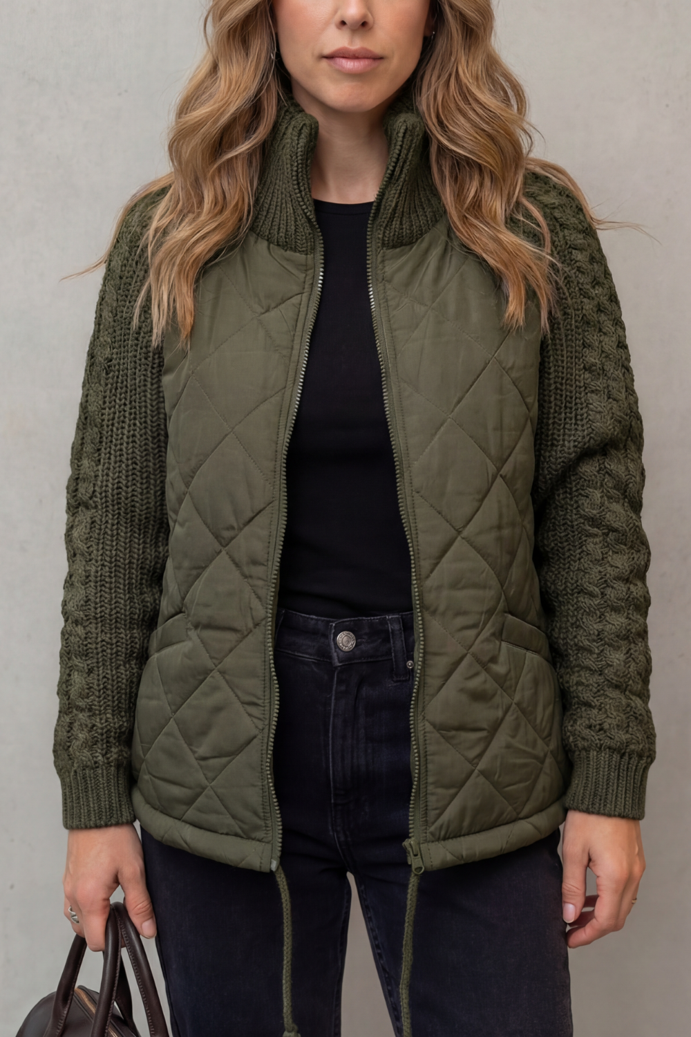Women's Quilted Cable Knit Sleeve Zip Up Jacket - Dark Green - View 12