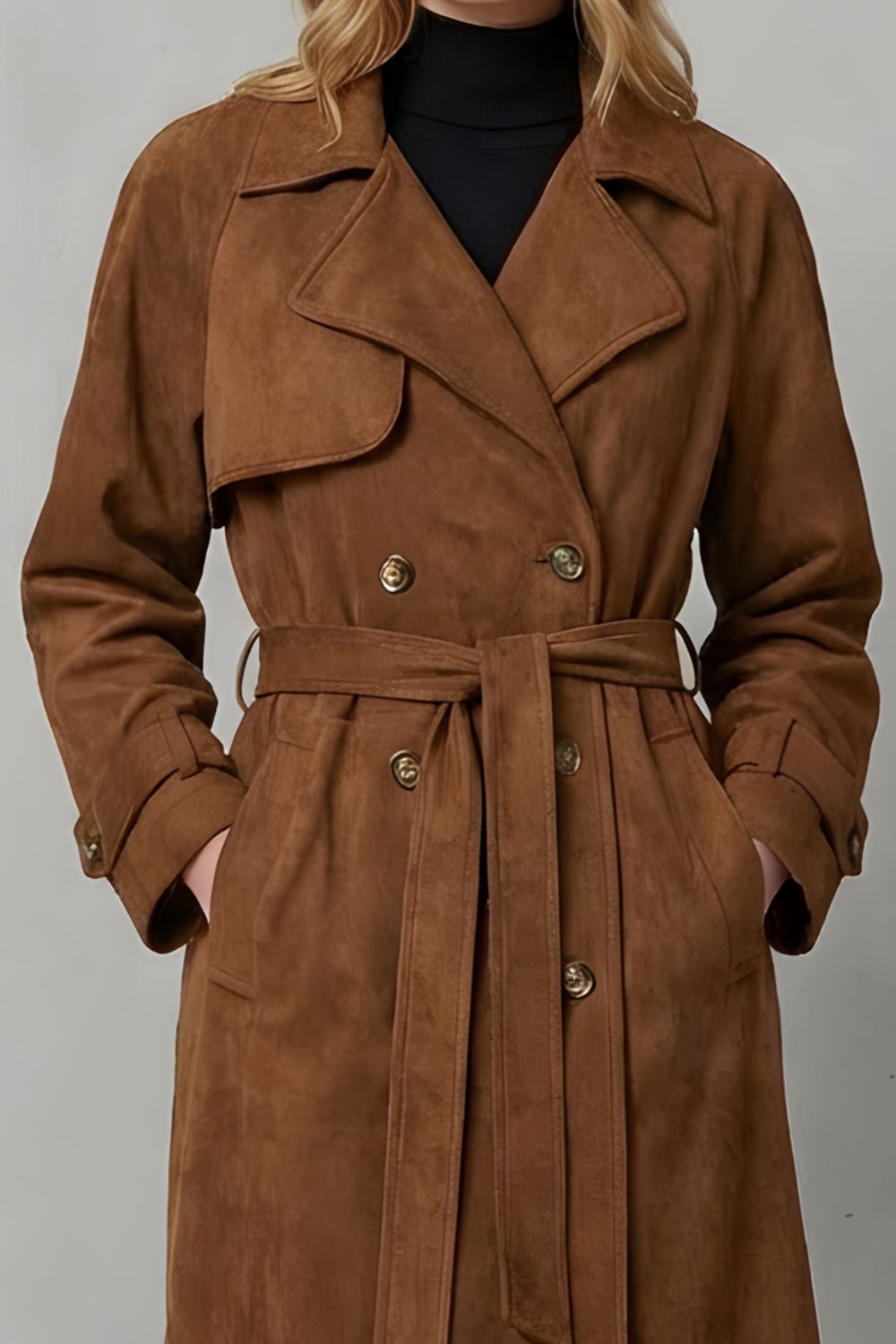 Women's Suede-Effect Double Breasted Belted Trench Coat - View 5