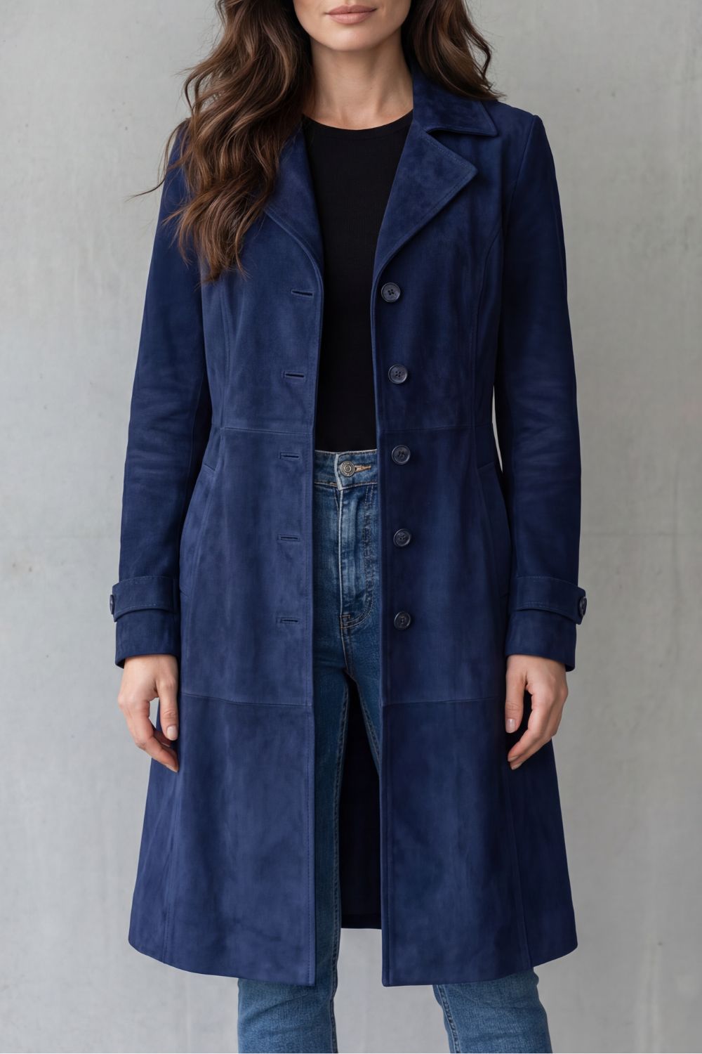 Women's Suede-Effect Longline Coat - Navy - View 6