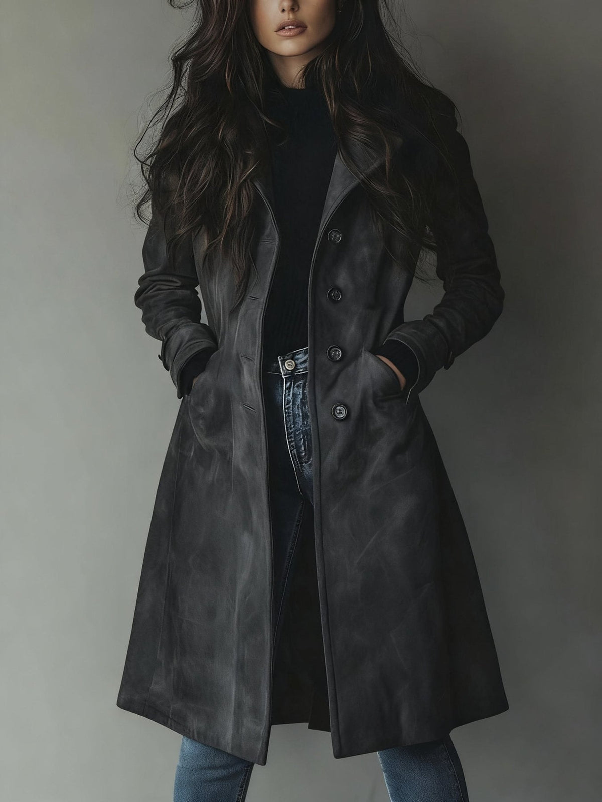 Women's Suede-Effect Tailored Button Front Long Coat - Gray - View 6