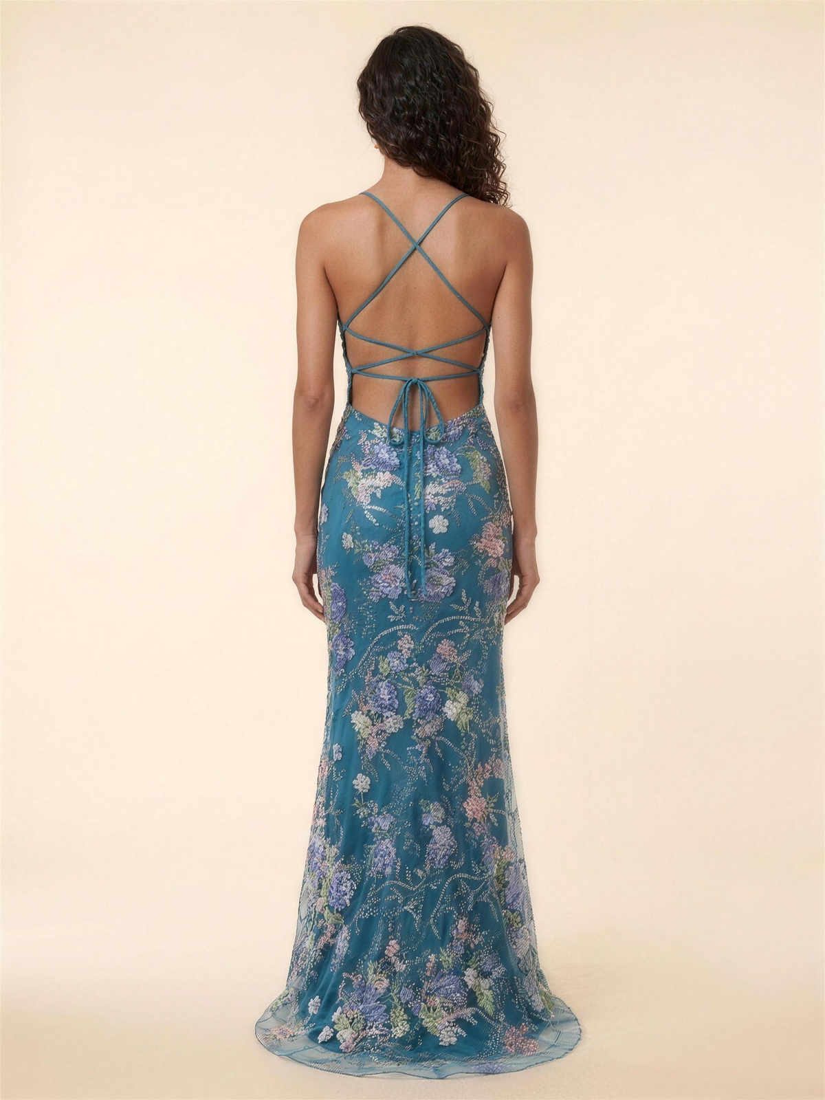 Women's Applique Tulle Mermaid Maxi Prom Dress - Teal Floral