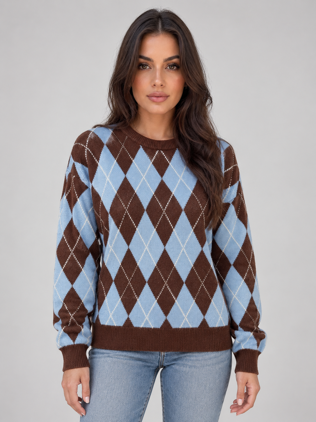 Women's Argyle Diamond Pattern Knit Sweater - Blue