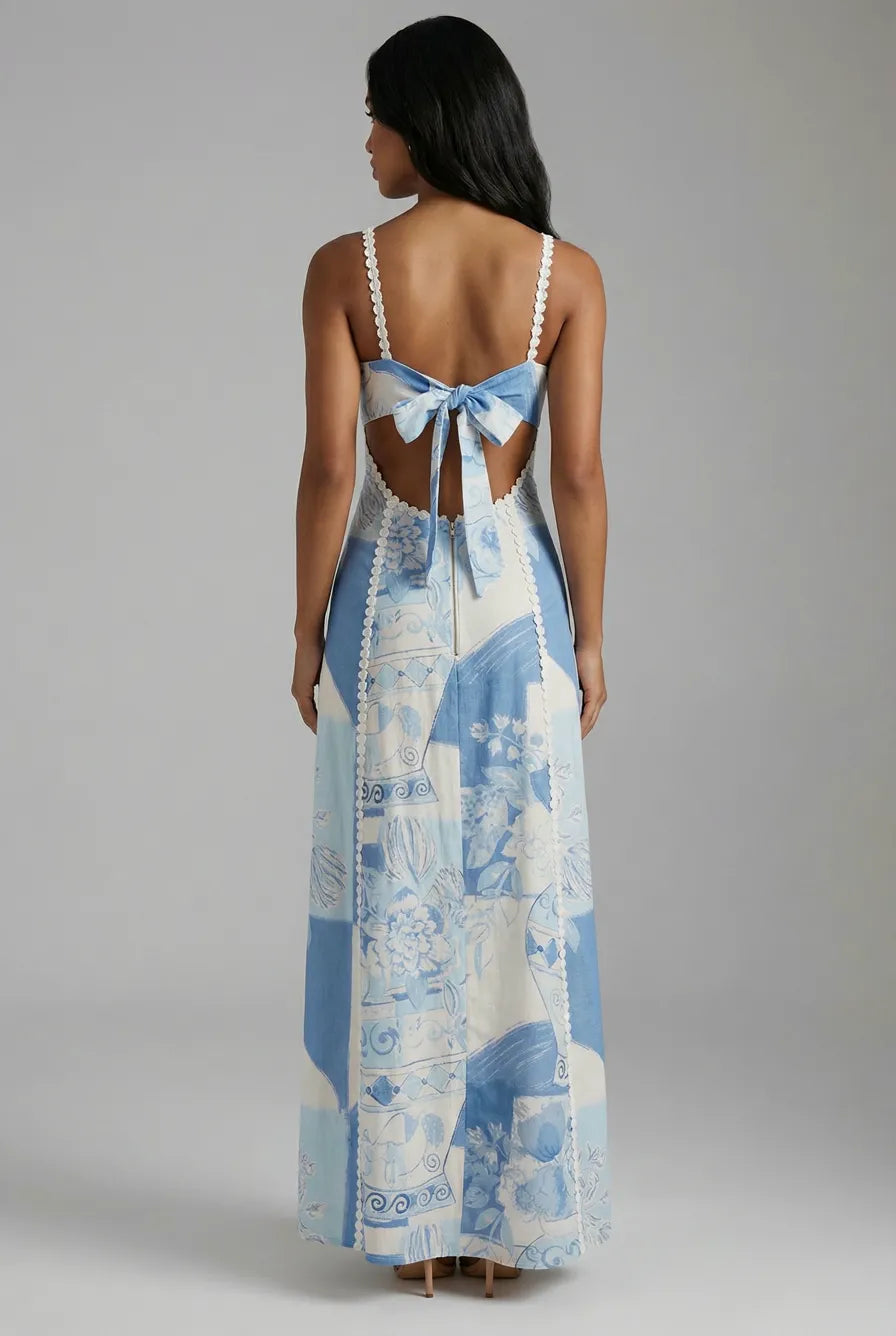 Women's Blue and White Botanical Print Formal Maxi Dress - Blue White Print