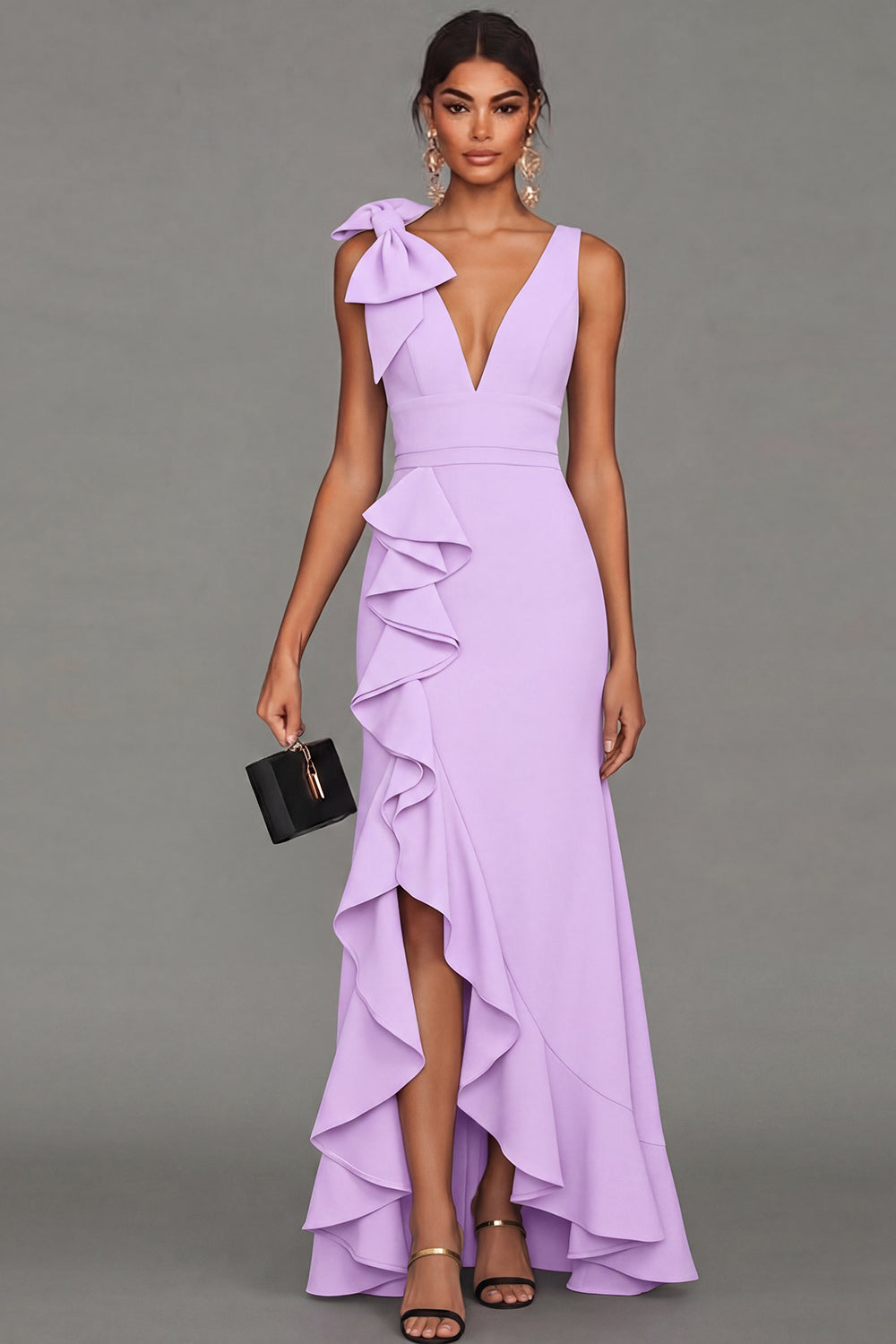 Women's Bow Shoulder Ruffle Formal Maxi Dress - Lilac