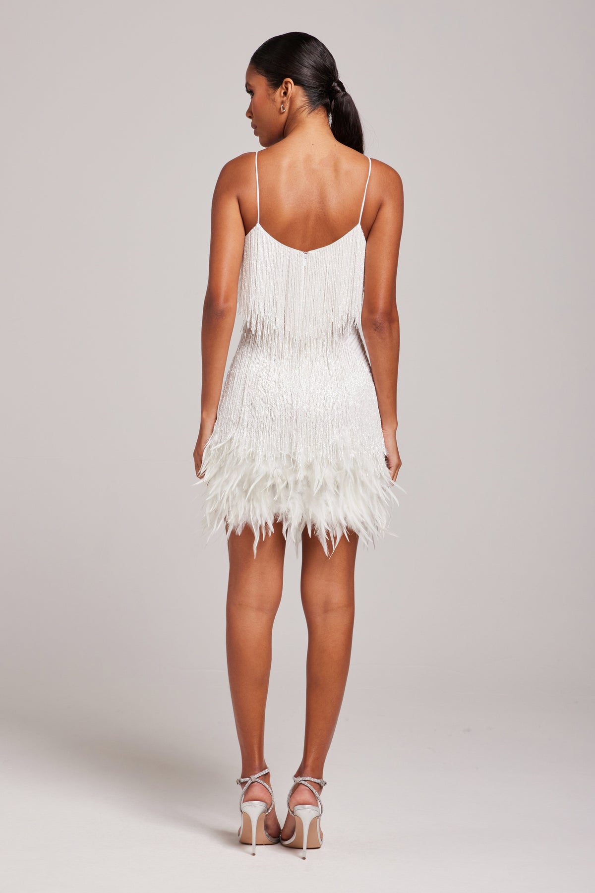 Women's Bridal Shower White Mini Dress with Fringe and V Neck - White