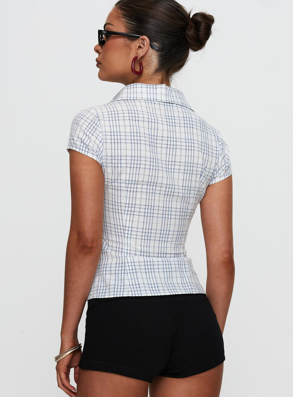 Women's Brunch Plaid Short Sleeve Button Down Top - Blue