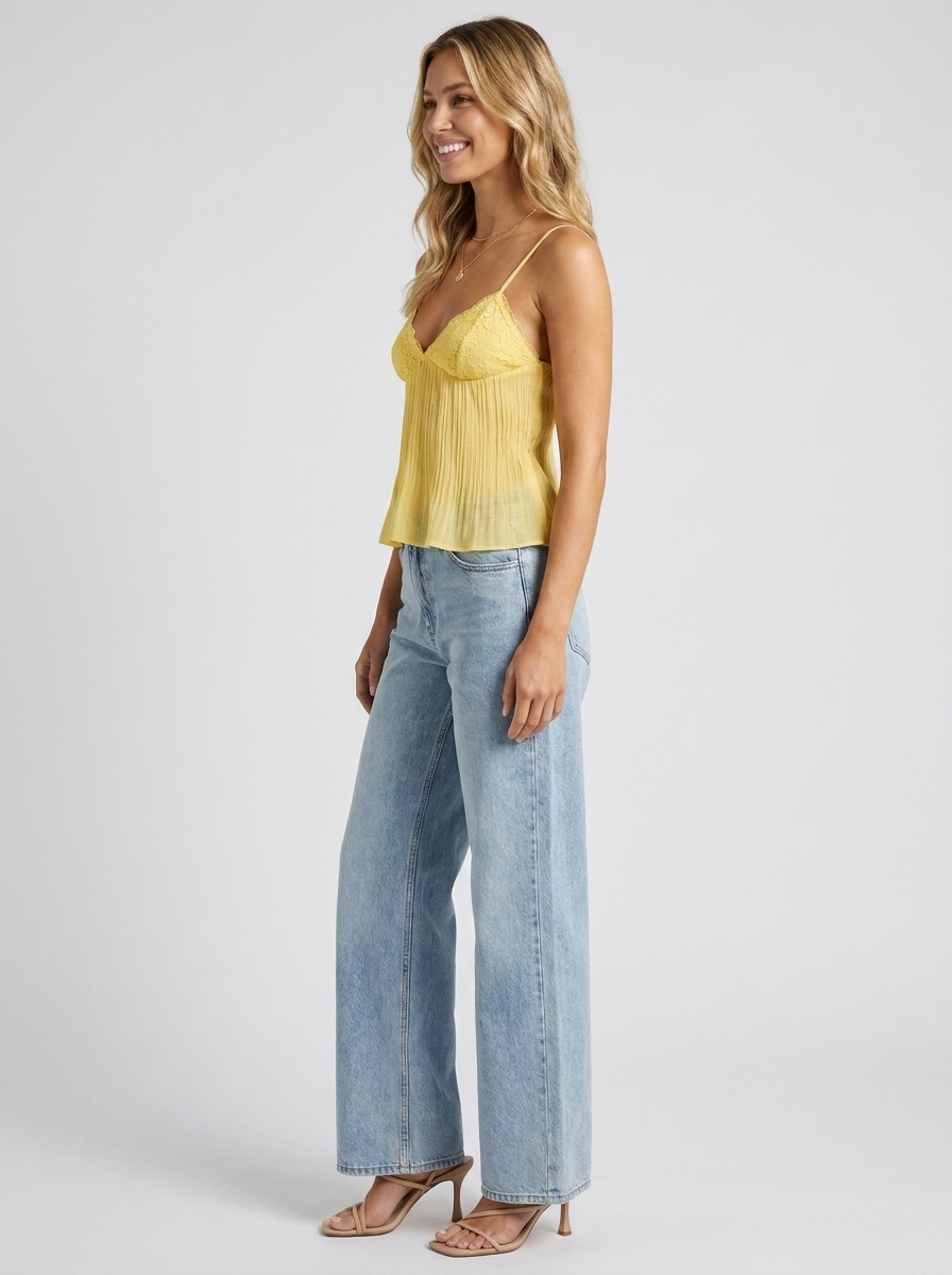 Women's Brunch Pleated V Neck Lace Trim Top - Lemon Yellow