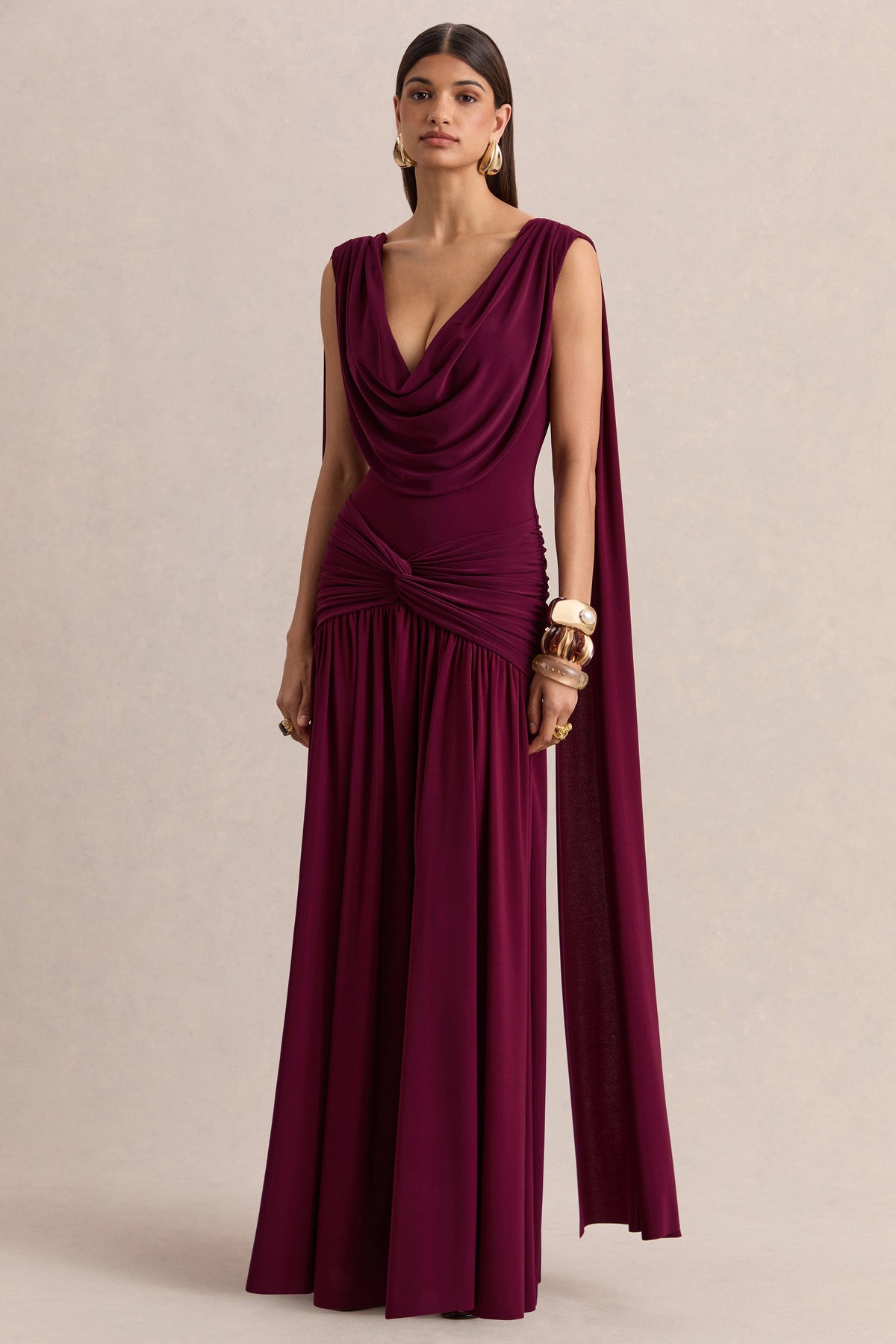Women's Burgundy Cowl Neck Evening Maxi Dress - Burgundy