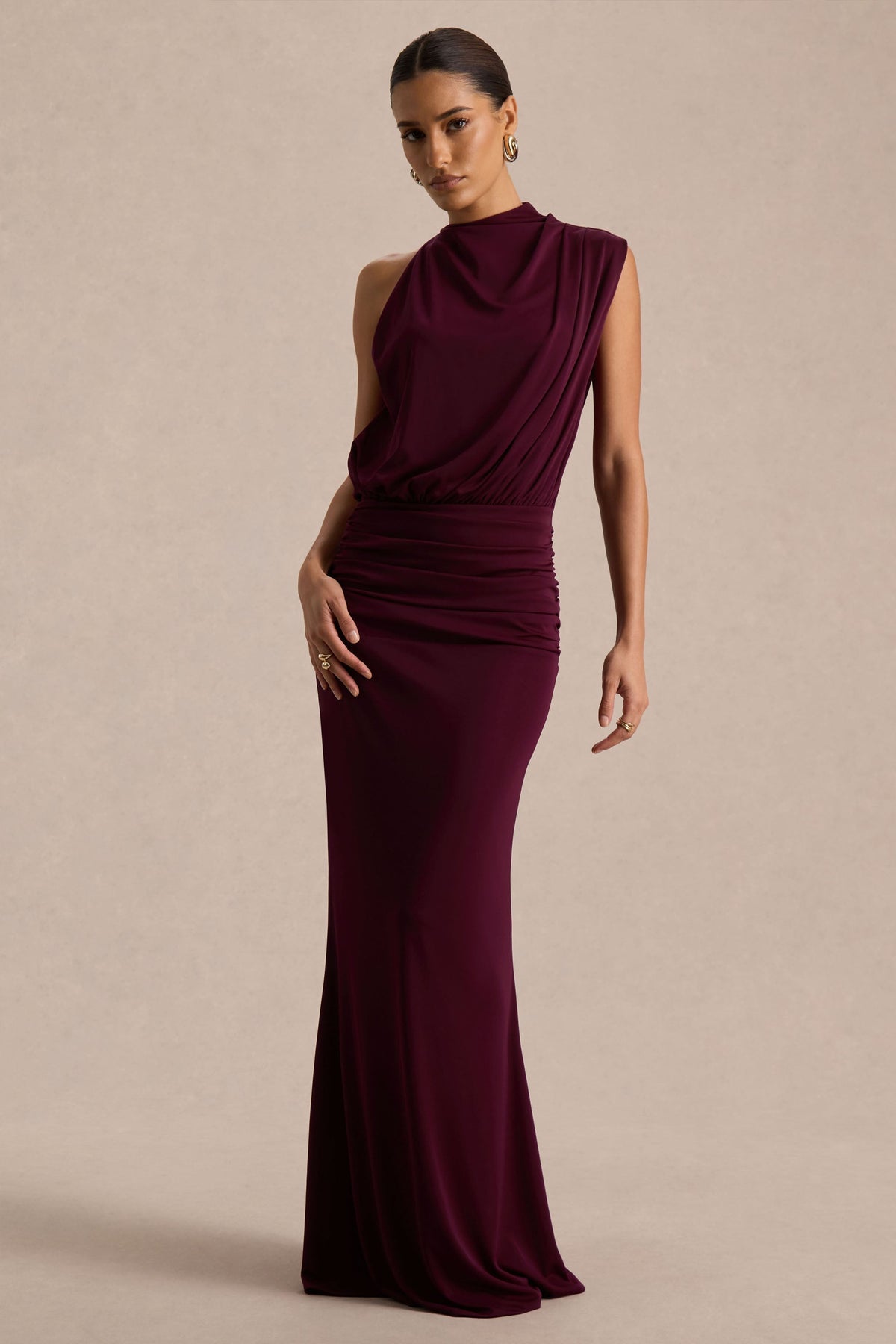 Women's Burgundy High Neck Formal Maxi Dress - Burgundy