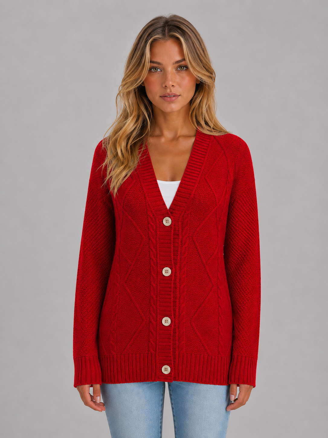 Women's Cable Knit V-Neck Cardigan - Red