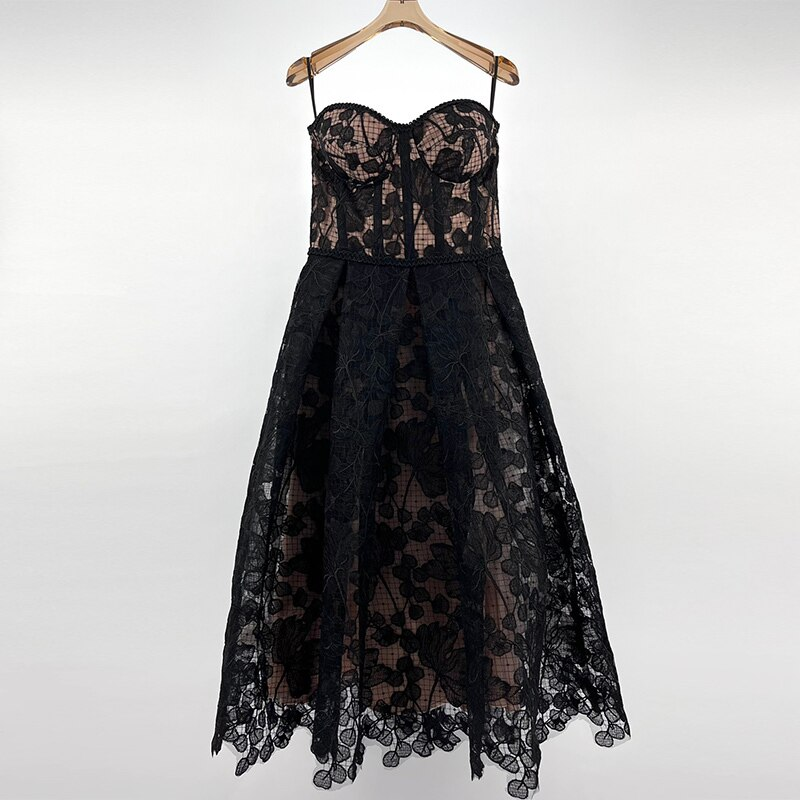 Women's Cocktail Embroidered Strapless Black Midi Dress - Black