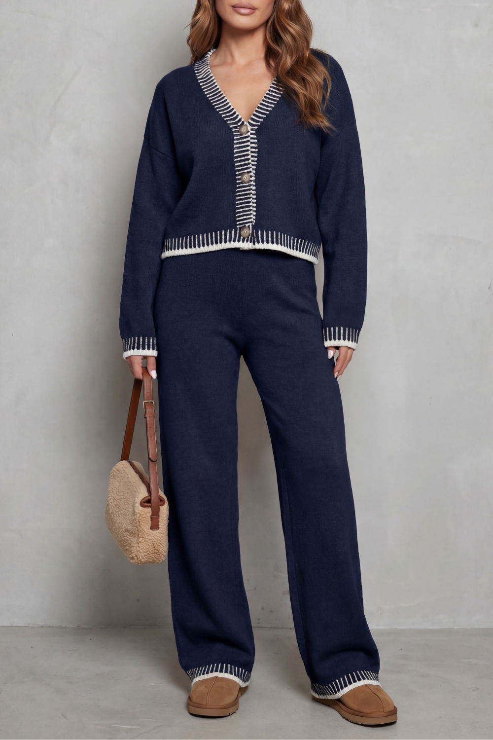 Women's Contrast Trim V-Neck Loungewear Set - Navy