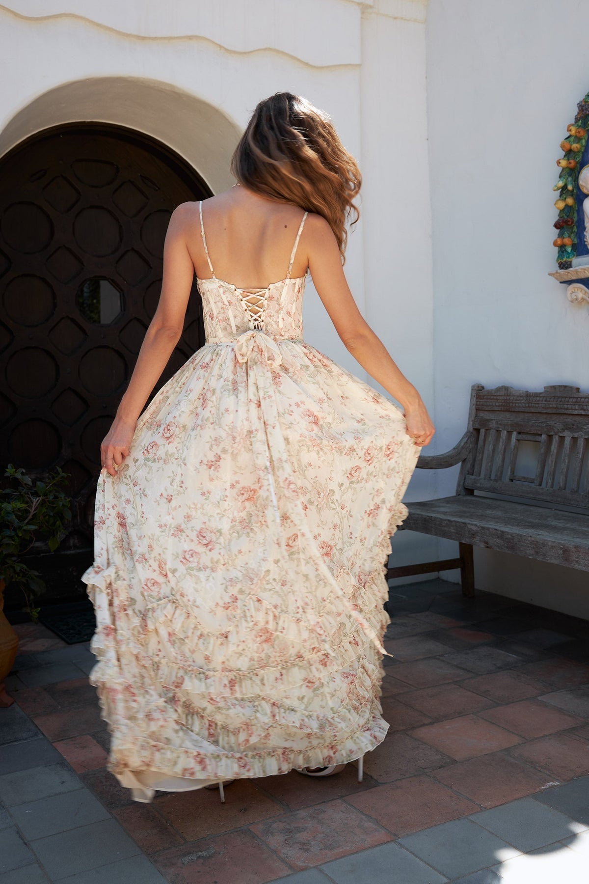 Women's Corset Ruffle Split Formal Maxi Dress - Cream Floral