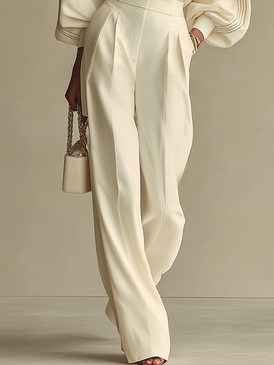 Women's Crew Neck Wide-Leg Knit Set - Beige