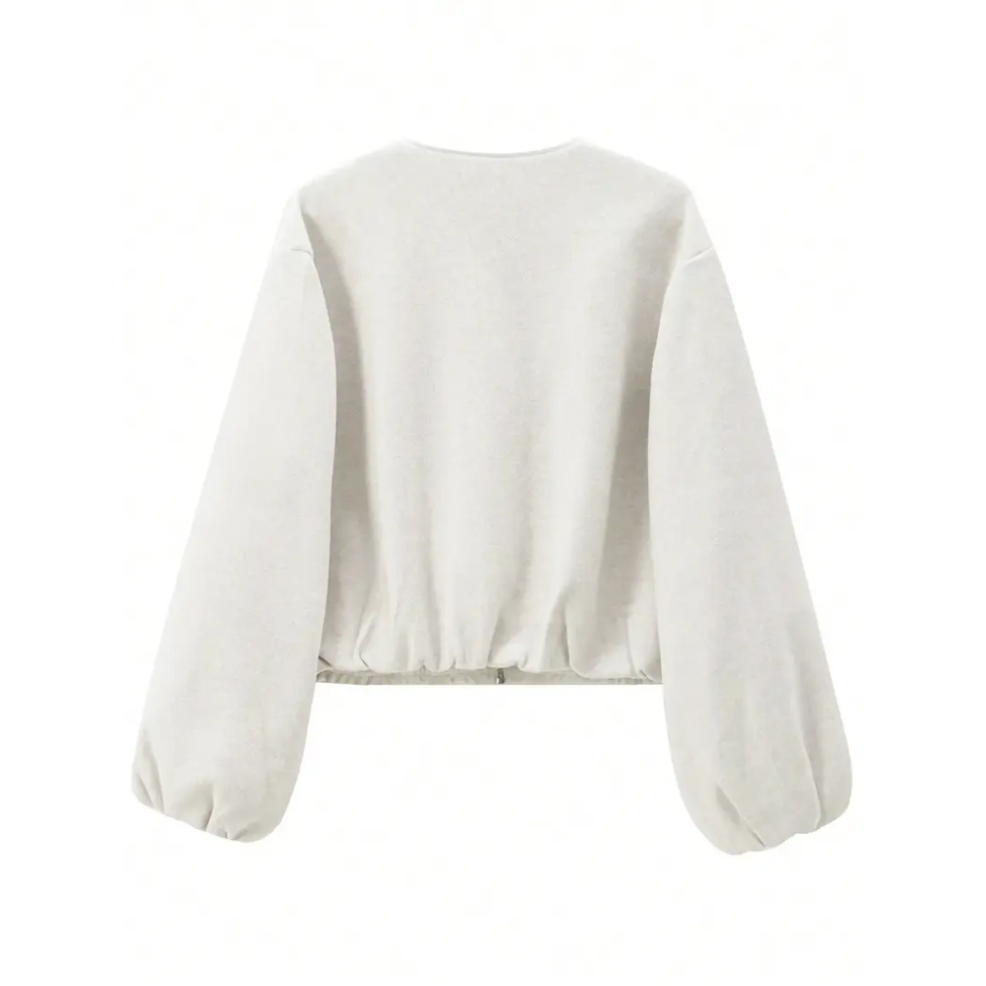 Women's Cropped Zip Front Balloon Sleeve Bomber Jacket - Off White
