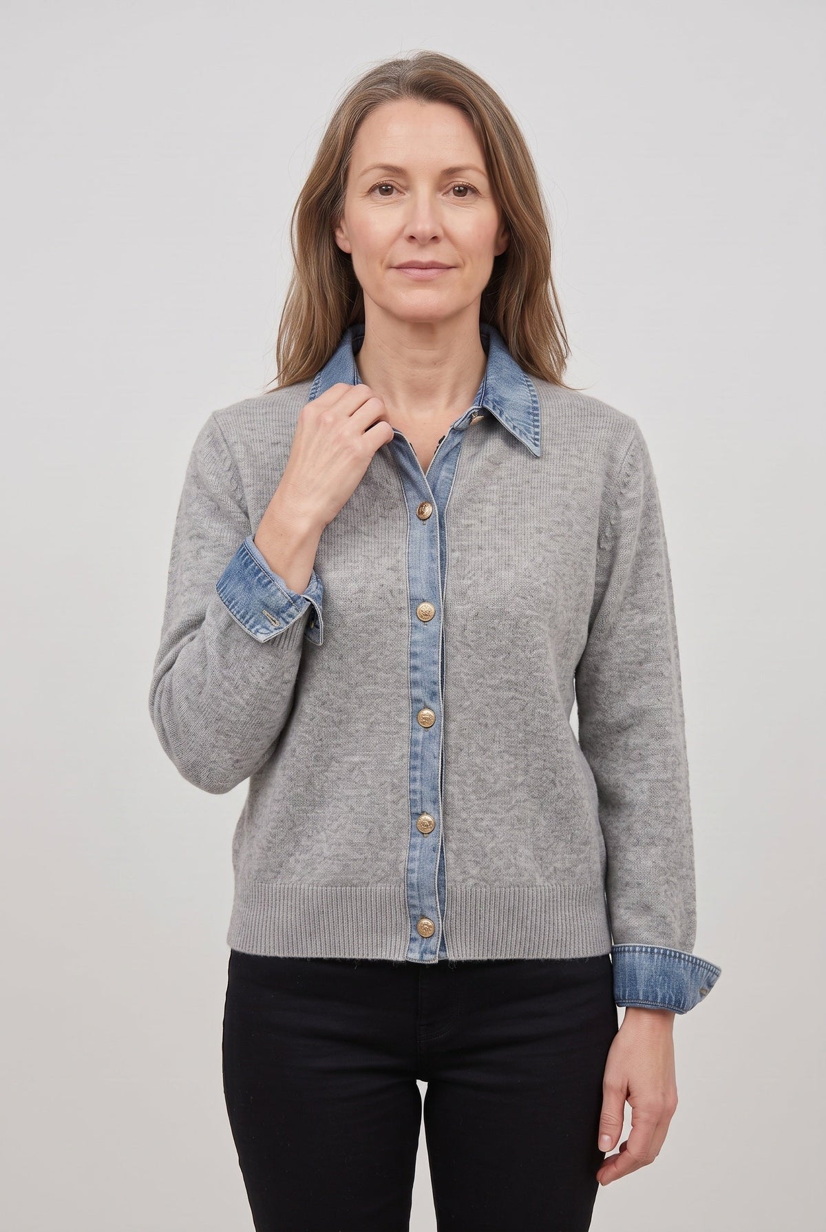 Women's Denim-Look Collar Button-Front Cardigan - Light Gray