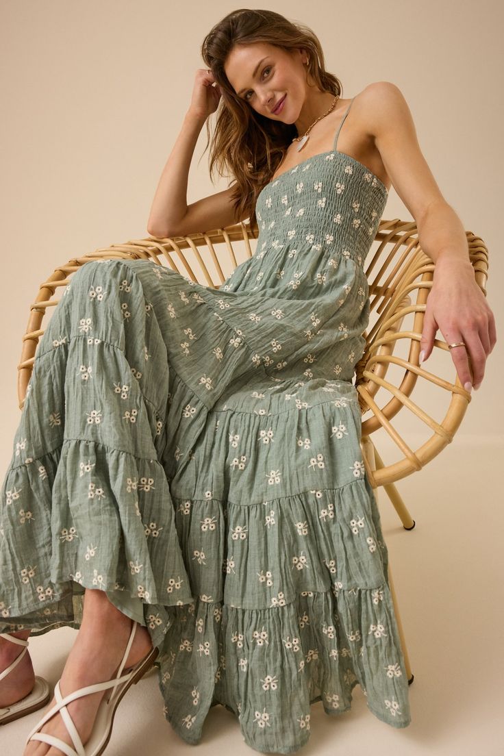 Women's Embroidered Tiered Sage Maxi Dress - Sage