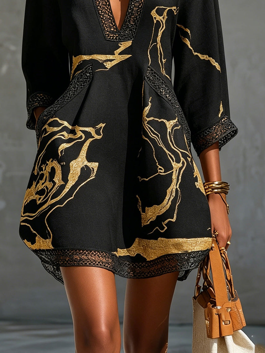 Women's Evening Crochet Lace Trim Gold Print Black Mini Dress - Black Gold Floral