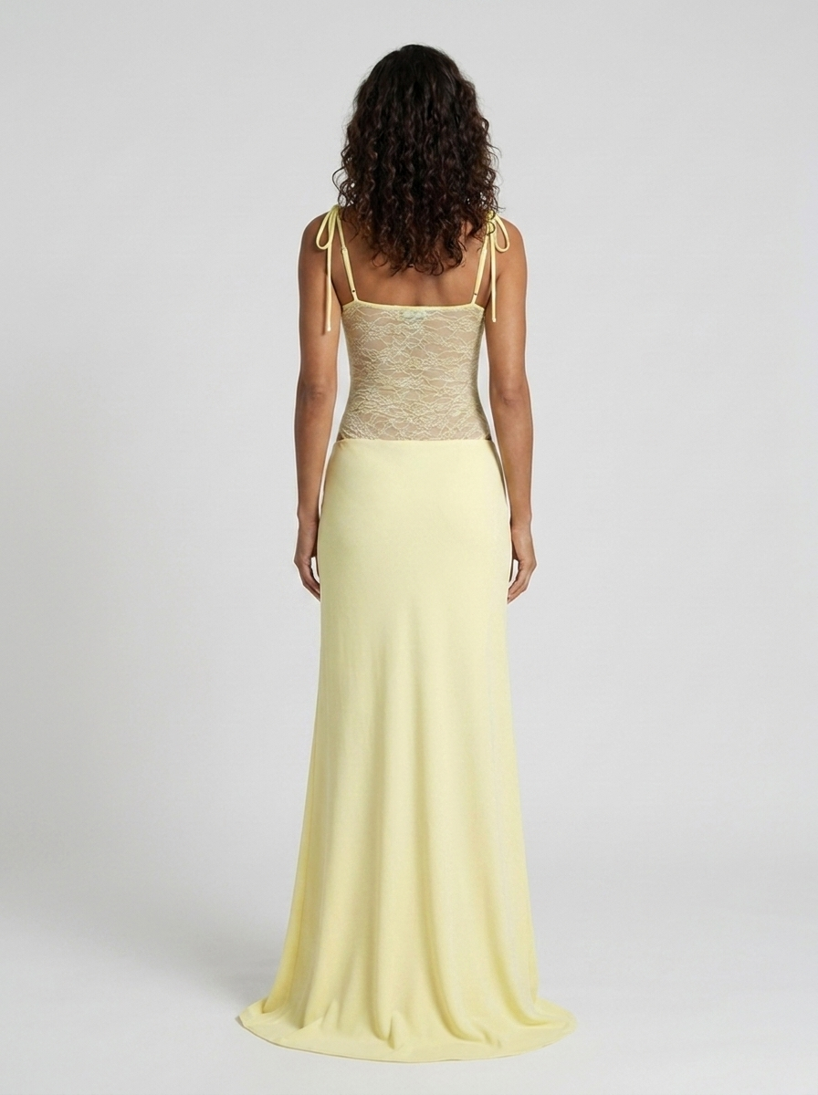 Women's Evening Lace Panel Tie Strap Maxi Dress - Butter Yellow