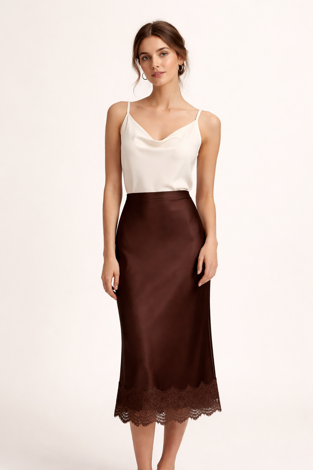 Women's Evening Lace Trim Maxi Skirt - Chocolate Brown