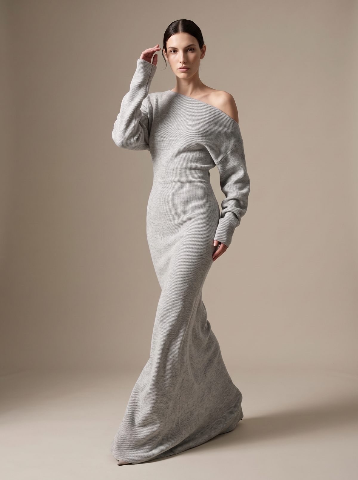 Women's Evening Off Shoulder Knit Maxi Dress - Heather Grey