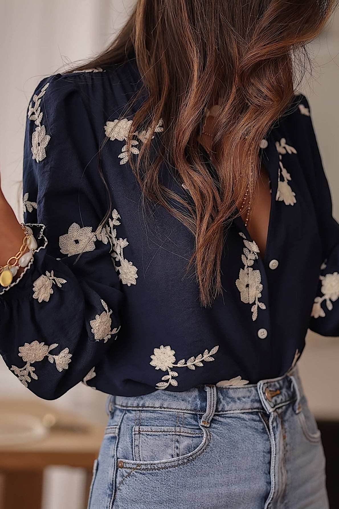 Women's Everyday Floral Ruffle Cuff Button Front Top - Blue