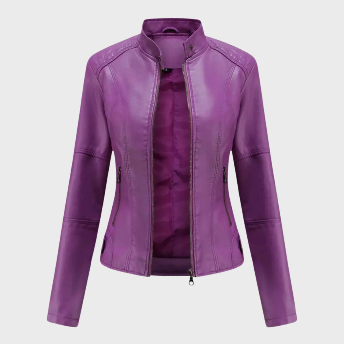 Women's Fall Hip Length Zip Front Stand Collar Jacket - Purple