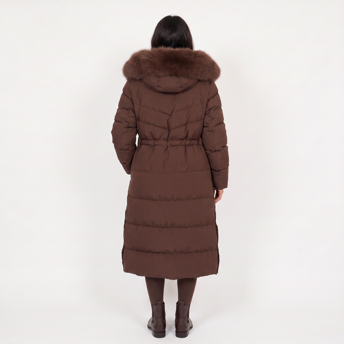 Women's Faux Fur Trim Hooded Winter Puffer Coat - Brown