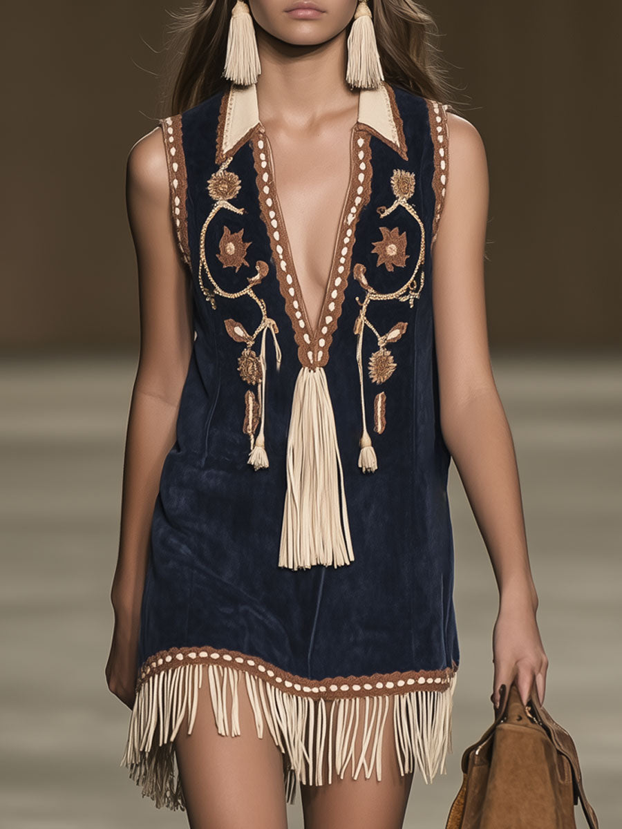 Women's Festival Fringe Embroidered Mini Dress - Navy