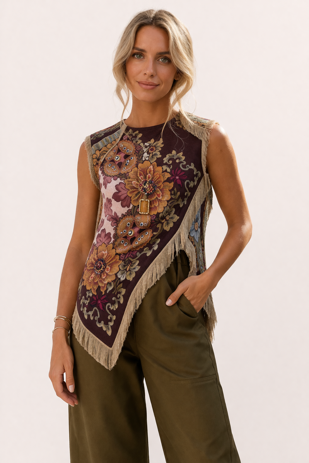 Women's Festival Fringe Trim Floral Top - Burgundy Floral